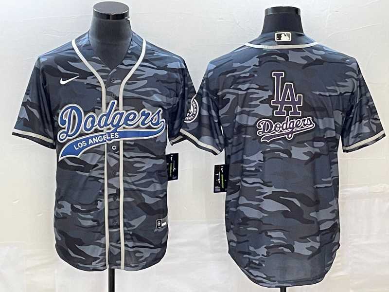 Mens Los Angeles Dodgers Gray Camo Team Big Logo Cool Base With Patch Stitched Baseball Jerseys